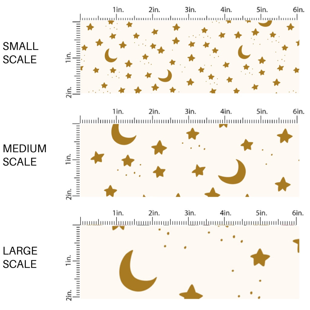 These Halloween themed pattern fabric by the yard features the following design elements: stars and moons on cream. This fun spooky themed fabric can be used for all your sewing and crafting needs!