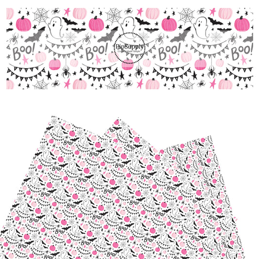 Pink pumpkins, ghost, spiders, bats, stars, and halloween banners on white faux leather sheets