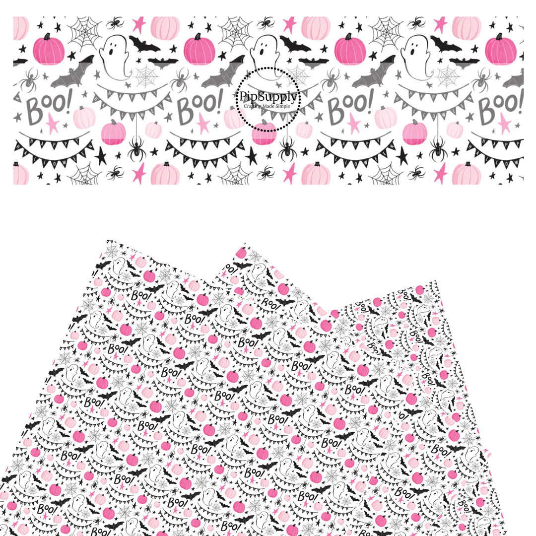 Pink pumpkins, ghost, spiders, bats, stars, and halloween banners on white faux leather sheets