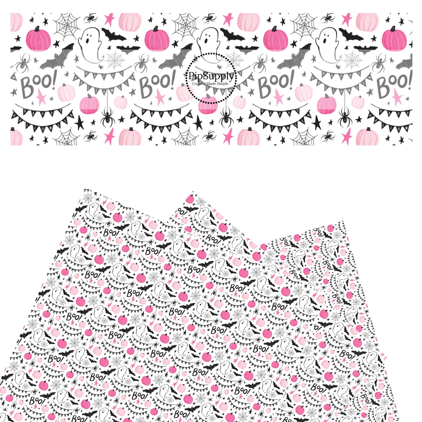 Pink pumpkins, ghost, spiders, bats, stars, and halloween banners on white faux leather sheets