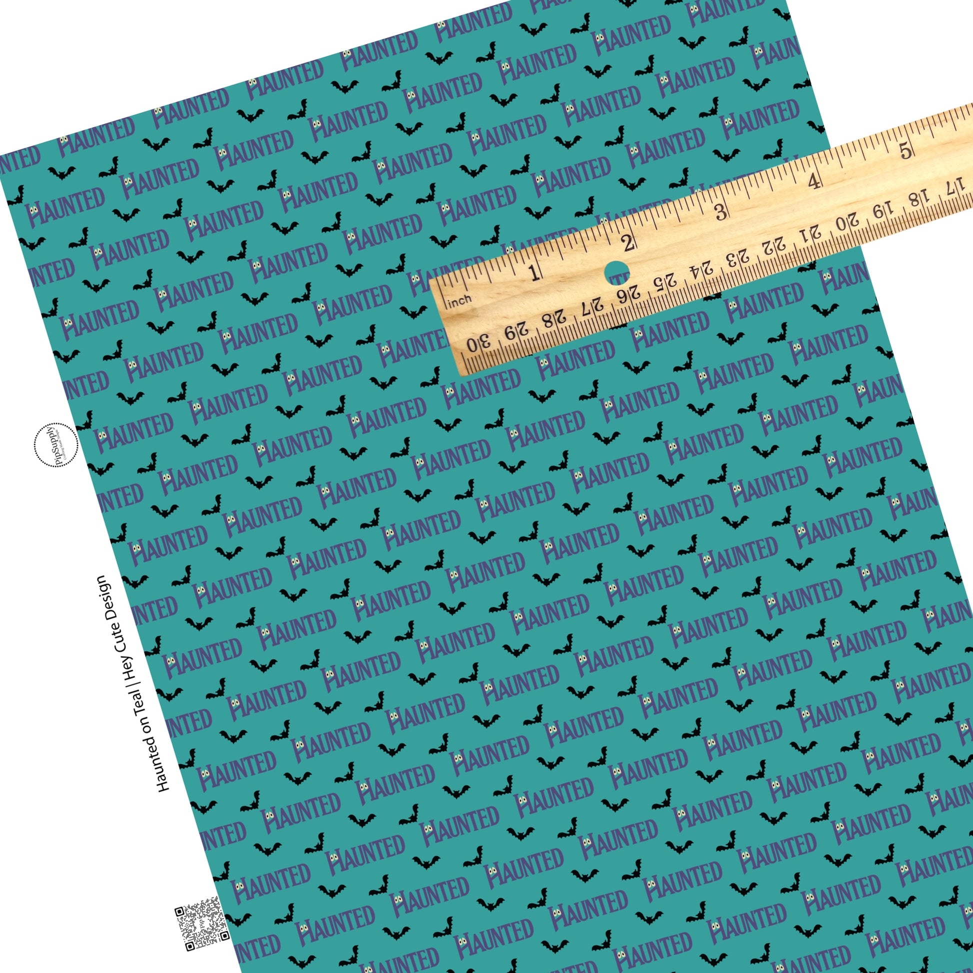 Flying bats with eyes on haunted sayings on teal faux leather sheet