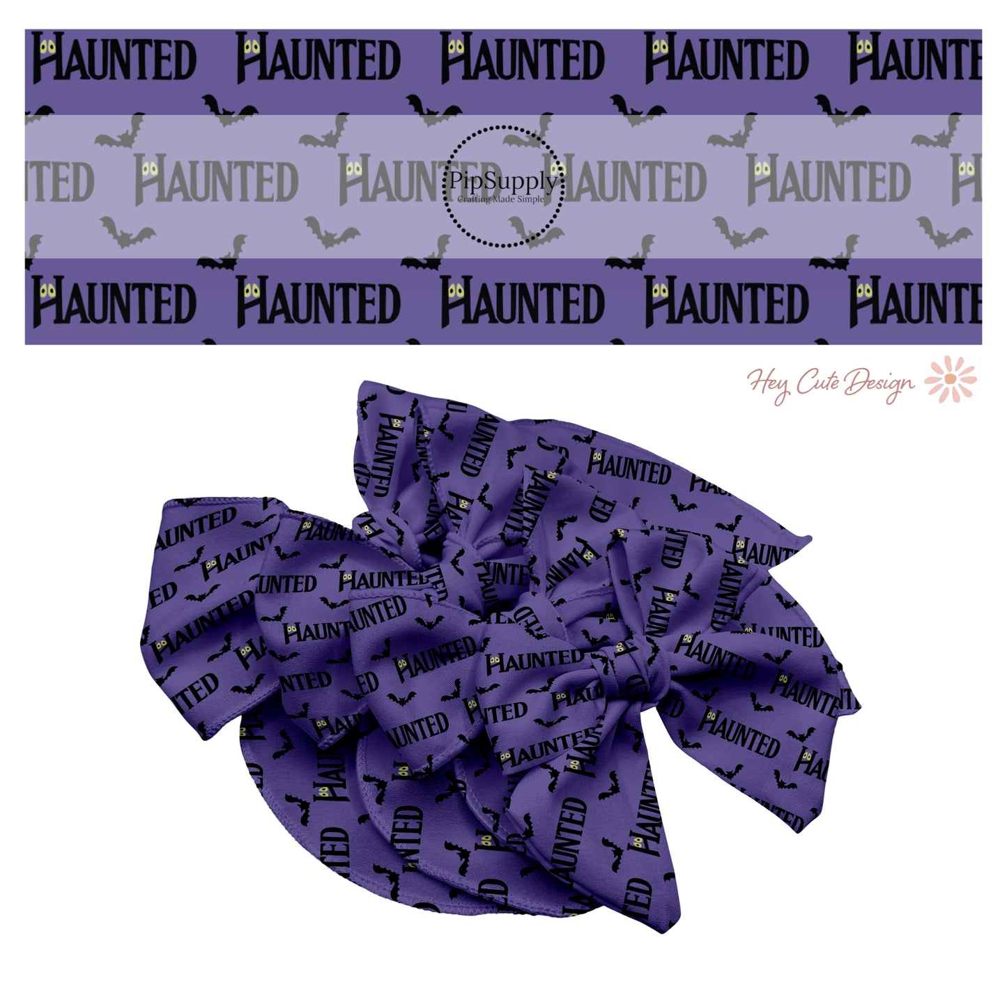 Haunted sayings with eyes and bats on purple hair bow strips