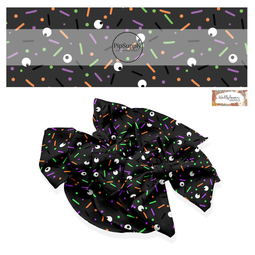 These Halloween themed no sew bow strips can be easily tied and attached to a clip for a finished hair bow. These fun spooky patterned bow strips are great for personal use or to sell. These bow strips feature the following design elements: colorful sprinkles on black.