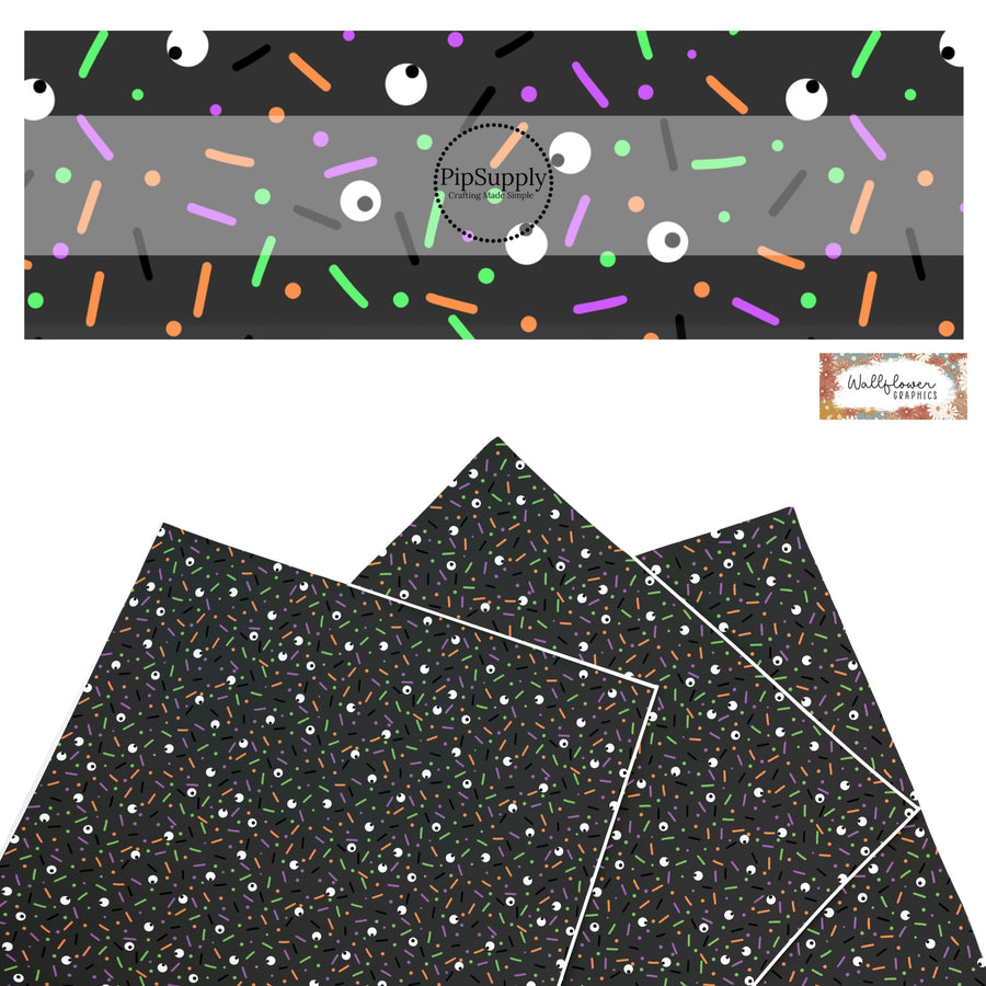 These Halloween themed pattern faux leather sheets contain the following design elements: colorful sprinkles on black. Our CPSIA compliant faux leather sheets or rolls can be used for all types of crafting projects.