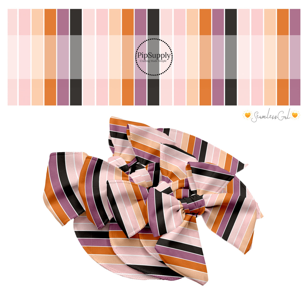 Black, purplem orange multi, and pink stripes hair bow strips