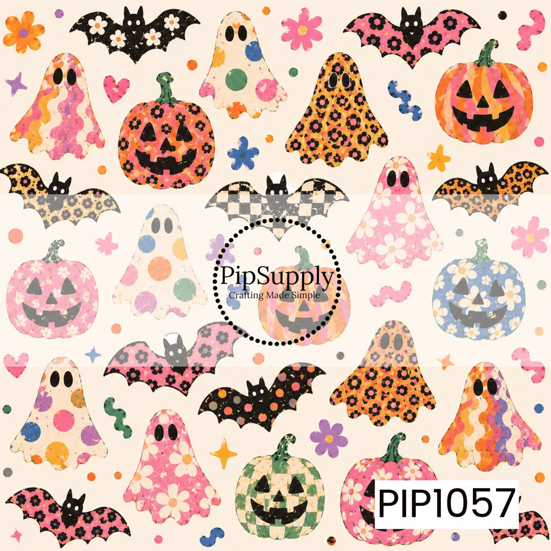 A festive mix of hand-painted Halloween favorites featuring ghosts, jack-o'-lanterns, and bats decorated with playful patterns including florals, checkerboard, leopard print, polka dots, and wavy stripes. Surrounded by colorful flowers and whimsical accents, this design blends retro charm with cute, not-so-spooky Halloween vibes.
