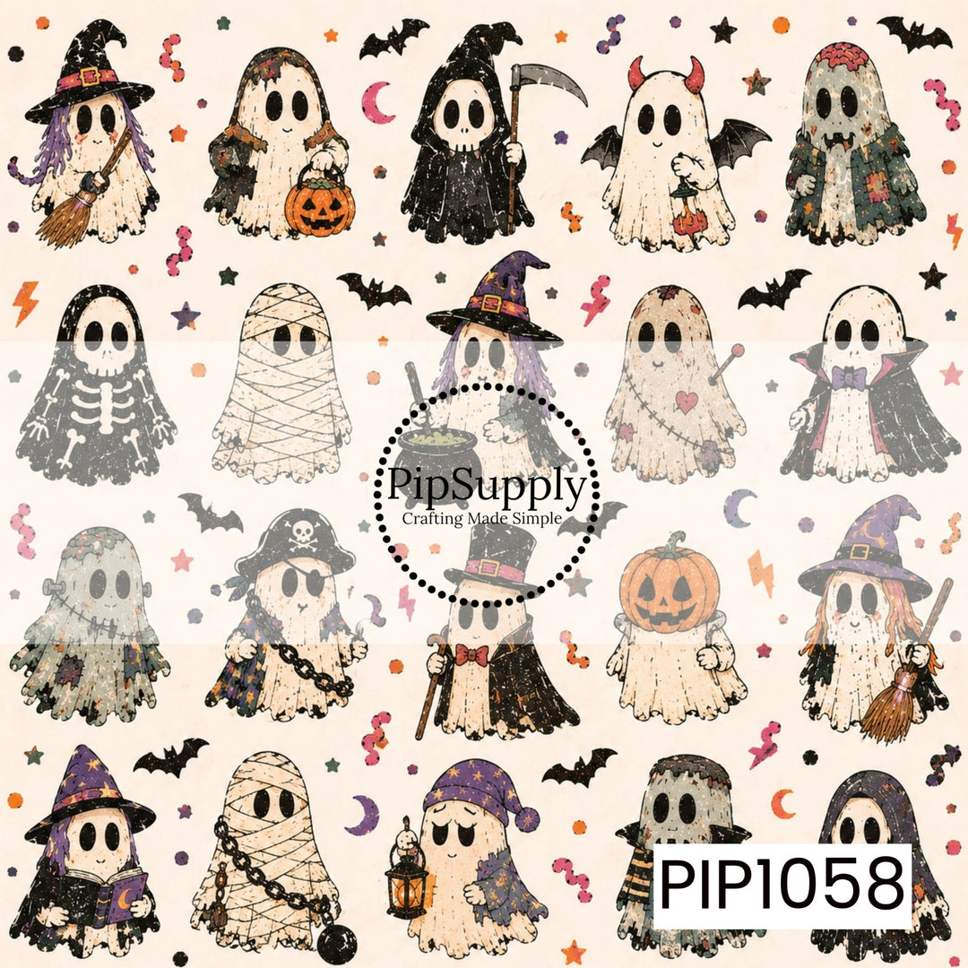 A charming collection of vintage-inspired ghosts dressed in a variety of whimsical Halloween costumes, including witches, mummies, vampires, pirates, grim reapers, devils, and pumpkin characters. Surrounded by bats, moons, stars, candy, and festive accents, this playful design brings together classic Halloween icons with a cute, nostalgic style.
