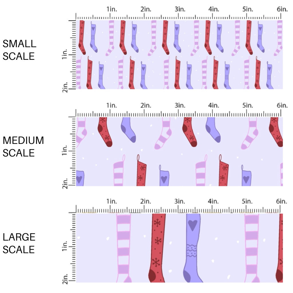 These Christmas themed pattern fabric by the yard features the following design elements: colorful Christmas stockings on purple. This fun themed fabric can be used for all your sewing and crafting needs!