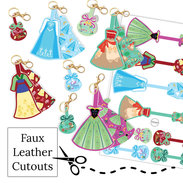 These princess dresses themed faux leather sheets are ready to cut and assemble for many craft projects. These patterned cutouts can be used to make fold over keychains, photo props, scrapbooks, party or classroom decorations, bulletin board trim or anything creative!