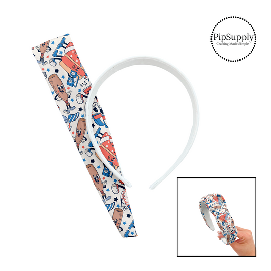 Red white and blue stars, happy baseballs, bats, drinks, and hotdogs with radio on white knotted headband kit