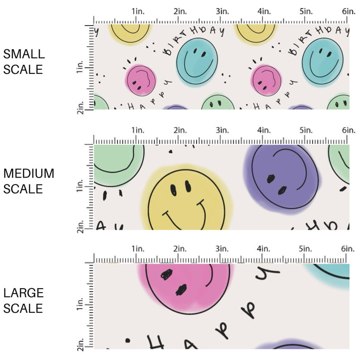 This scale chart of small scale, medium scale, and large scale of this celebration fabric by the yard features "Happy Birthday" and smiley faces on cream. This fun birthday themed fabric can be used for all your sewing and crafting needs!