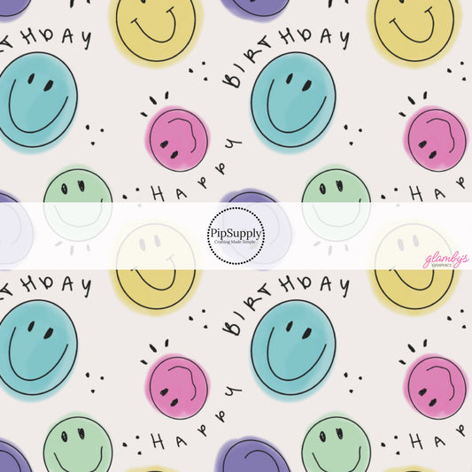This celebration fabric by the yard features "Happy Birthday" and smiley faces on cream. This fun birthday themed fabric can be used for all your sewing and crafting needs!