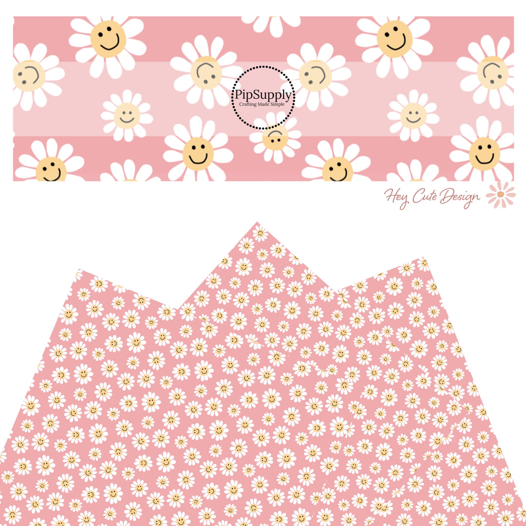 These summer faux leather sheets contain the following design elements: smiley faces on daisy flowers on pink. Our CPSIA compliant faux leather sheets or rolls can be used for all types of crafting projects.