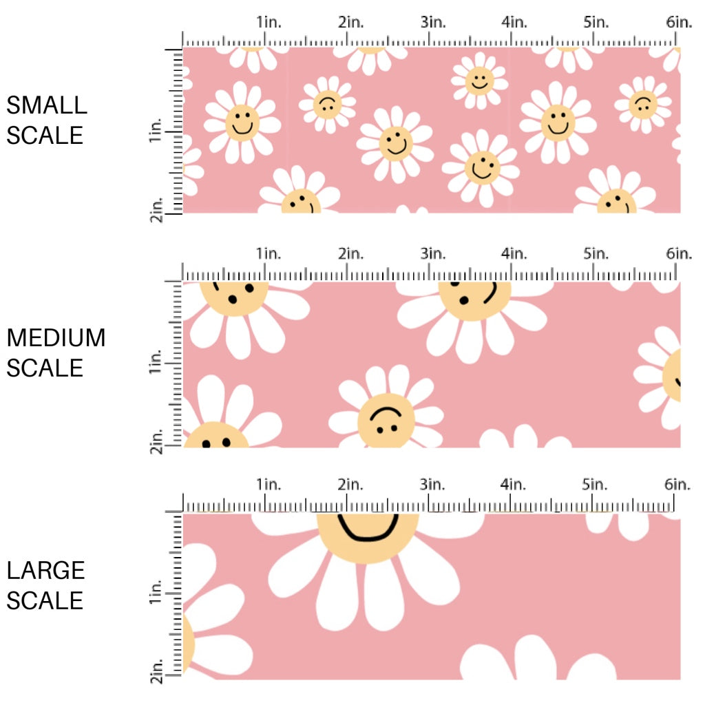This scale chart of small scale, medium scale, and large scale of this summer fabric by the yard features smiley faces on daises on pink. This fun summer themed fabric can be used for all your sewing and crafting needs!