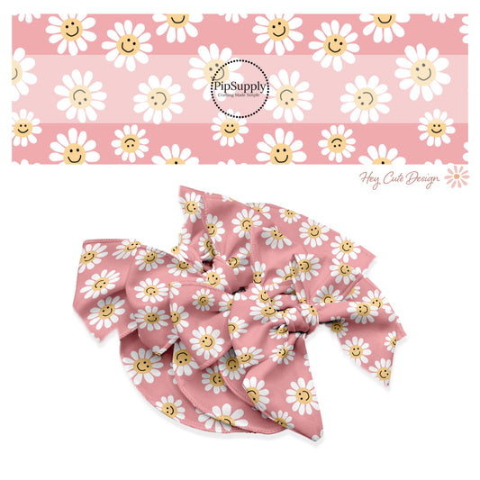 These summer floral themed no sew bow strips can be easily tied and attached to a clip for a finished hair bow. These summer patterned bow strips are great for personal use or to sell. These bow strips feature smiley faces on daisies on pink.