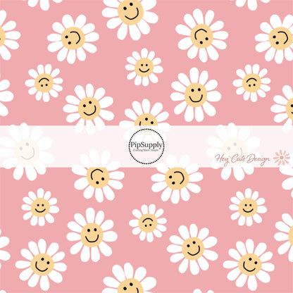 These summer floral themed no sew bow strips can be easily tied and attached to a clip for a finished hair bow. These summer patterned bow strips are great for personal use or to sell. These bow strips feature smiley faces on daisies on pink.