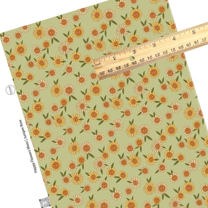 These spring flowers faux leather sheets contain the following design elements: smiley flowers on moss green. Our CPSIA compliant faux leather sheets or rolls can be used for all types of crafting projects. 
