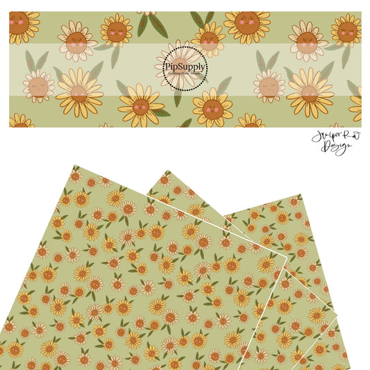 These spring flowers faux leather sheets contain the following design elements: smiley flowers on moss green. Our CPSIA compliant faux leather sheets or rolls can be used for all types of crafting projects. 