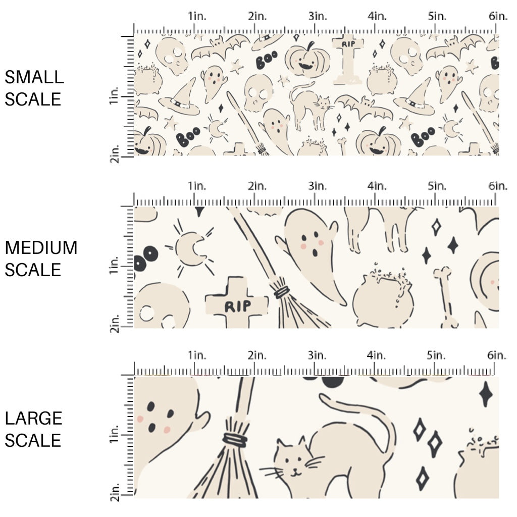 This scale chart of small scale, medium scale, and large scale of these Halloween themed pattern fabric by the yard features the following design elements: Halloween items on cream. This fun spooky themed fabric can be used for all your sewing and crafting needs!