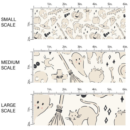 This scale chart of small scale, medium scale, and large scale of these Halloween themed pattern fabric by the yard features the following design elements: Halloween items on cream. This fun spooky themed fabric can be used for all your sewing and crafting needs!