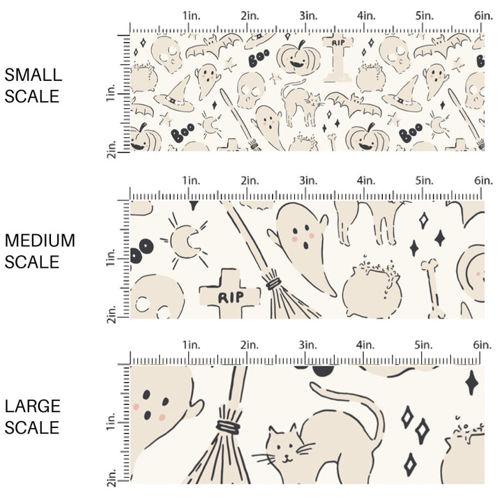 This scale chart of small scale, medium scale, and large scale of these Halloween themed pattern fabric by the yard features the following design elements: Halloween items on cream. This fun spooky themed fabric can be used for all your sewing and crafting needs!