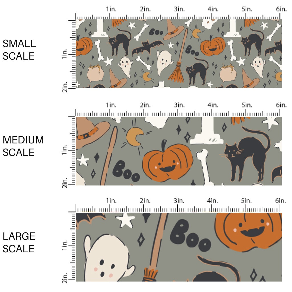 This scale chart of small scale, medium scale, and large scale of these Halloween themed pattern fabric by the yard features the following design elements: pumpkins, ghost, bats, black cats, tomb stones, and witch brooms on grey. This fun spooky themed fabric can be used for all your sewing and crafting needs!