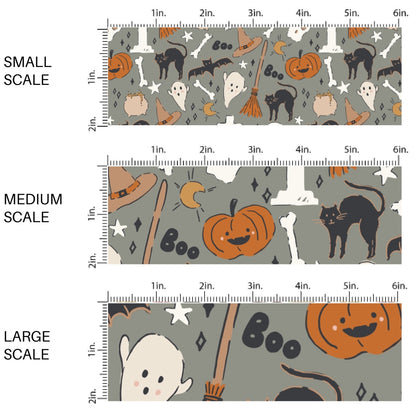 This scale chart of small scale, medium scale, and large scale of these Halloween themed pattern fabric by the yard features the following design elements: pumpkins, ghost, bats, black cats, tomb stones, and witch brooms on grey. This fun spooky themed fabric can be used for all your sewing and crafting needs!