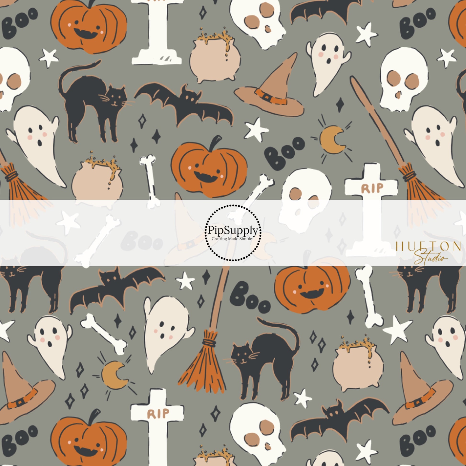 These Halloween themed pattern fabric by the yard features the following design elements: pumpkins, ghost, bats, black cats, tombstones, and witch broomsticks on grey. This fun spooky themed fabric can be used for all your sewing and crafting needs!