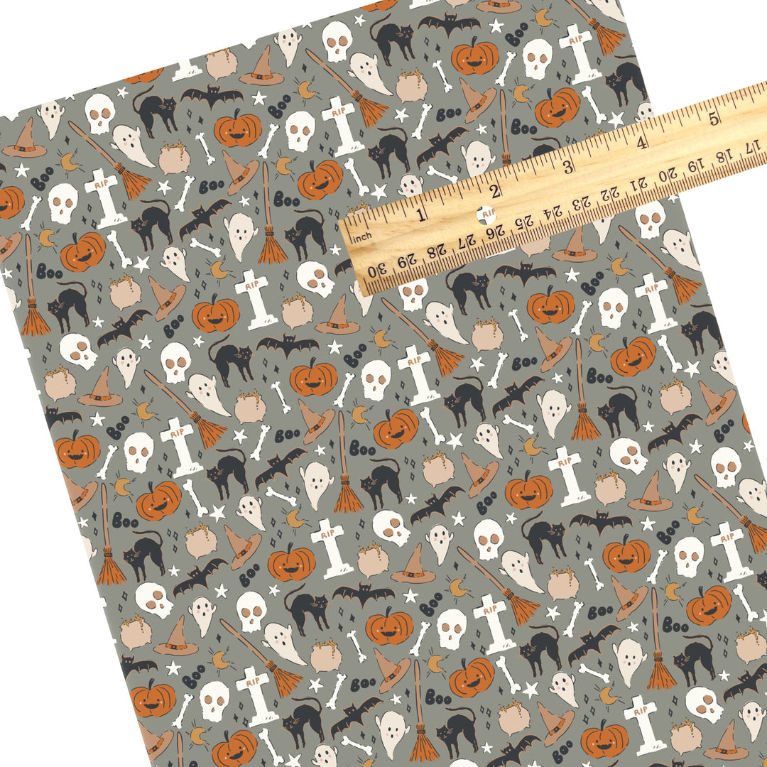 These Halloween themed pattern faux leather sheets contain the following design elements: pumpkins, ghost, bats, black cats, tombstones, and witch broomsticks on grey. Our CPSIA compliant faux leather sheets or rolls can be used for all types of crafting projects.