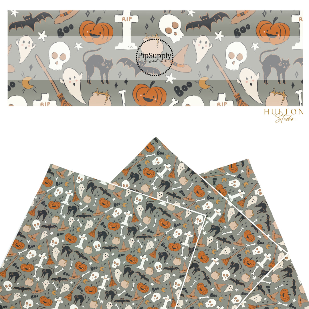 These Halloween themed pattern faux leather sheets contain the following design elements: pumpkins, ghost, bats, black cats, tombstones, and witch broomsticks on grey. Our CPSIA compliant faux leather sheets or rolls can be used for all types of crafting projects.