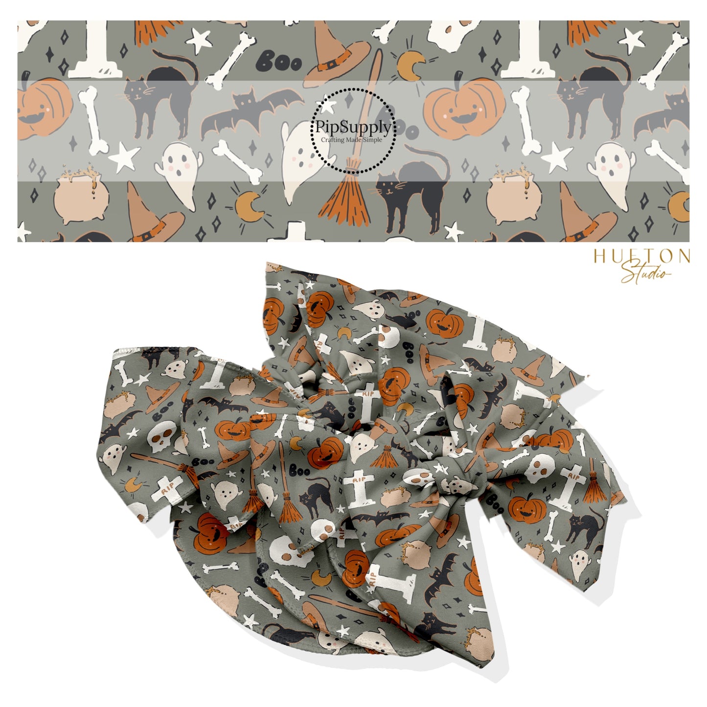 These Halloween themed no sew bow strips can be easily tied and attached to a clip for a finished hair bow. These fun spooky patterned bow strips are great for personal use or to sell. These bow strips feature the following design elements: pumpkins, ghost, bats, black cats, tombstones, and witch broomsticks on grey.