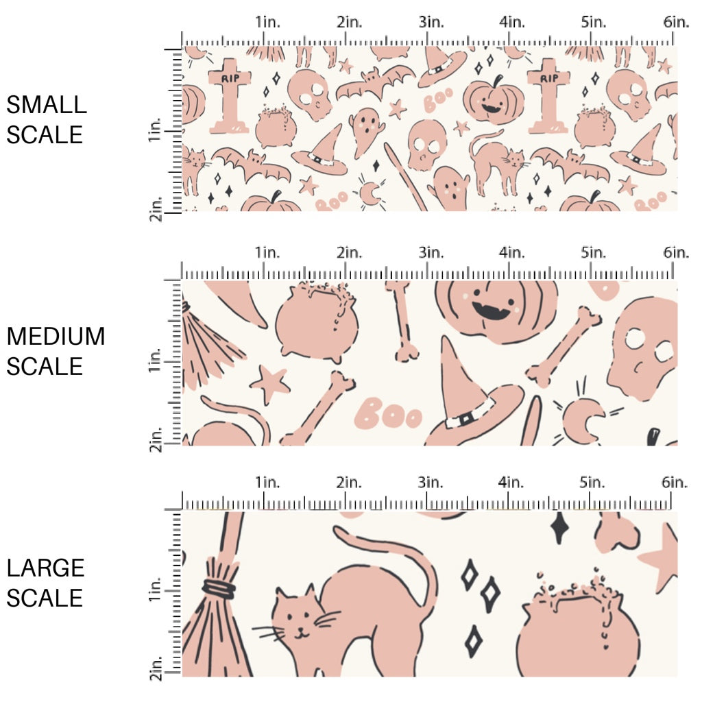 This scale chart of small scale, medium scale, and large scale of these Halloween themed pattern fabric by the yard features the following design elements: pink pumpkins, ghost, bats, black cats, tombstones, and witch broomsticks on cream. This fun spooky themed fabric can be used for all your sewing and crafting needs!