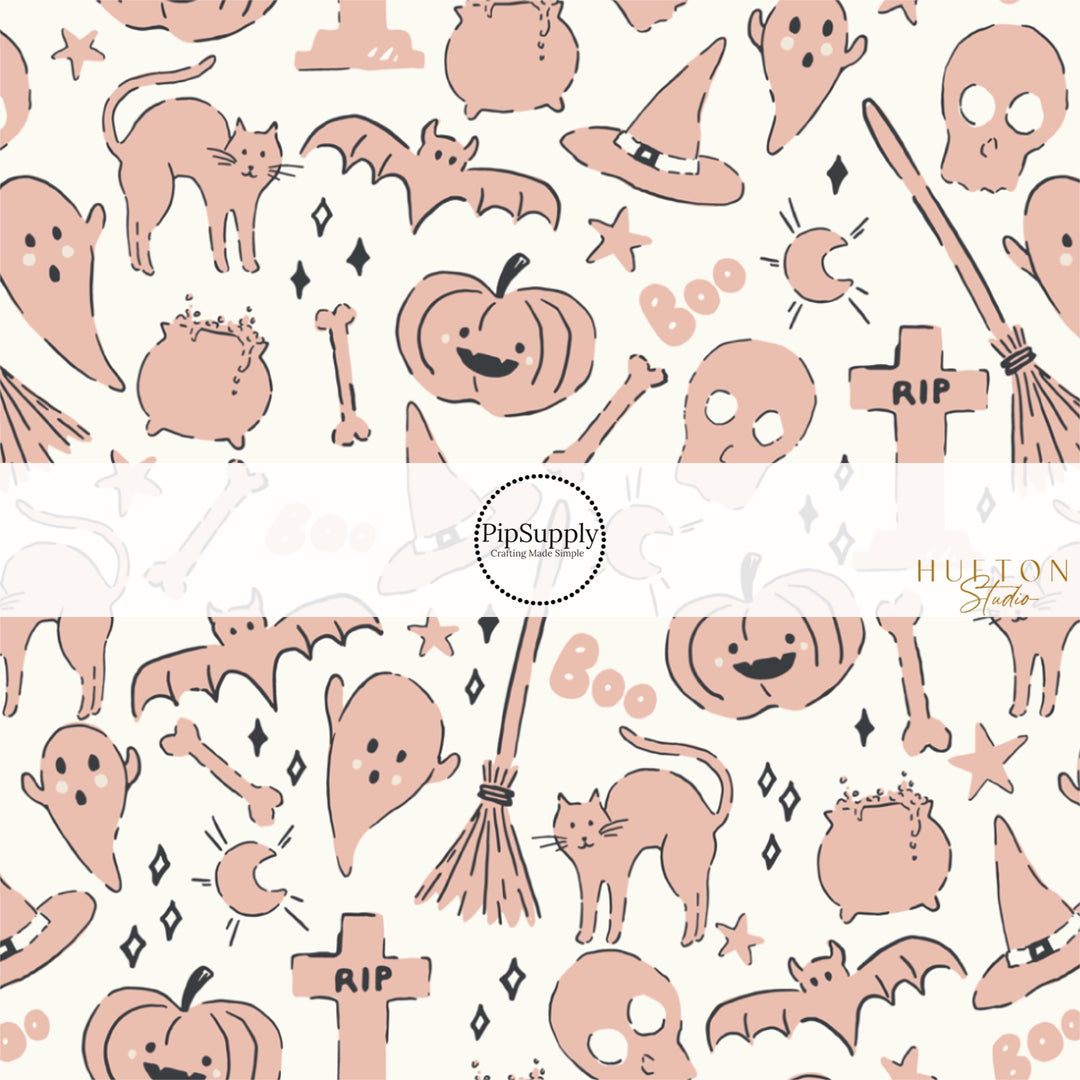 These Halloween themed pattern fabric by the yard features the following design elements: pink pumpkins, ghost, bats, black cats, tombstones, and witch broomsticks on cream. This fun spooky themed fabric can be used for all your sewing and crafting needs!