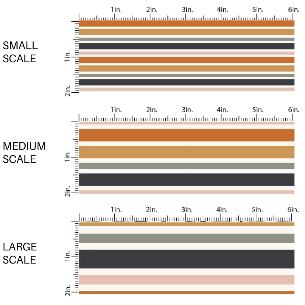 This scale chart of small scale, medium scale, and large scale of these Halloween themed pattern fabric by the yard features the following design elements: colorful stripes on cream. This fun spooky themed fabric can be used for all your sewing and crafting needs!