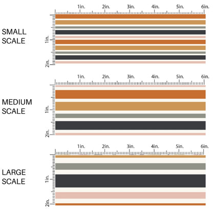 This scale chart of small scale, medium scale, and large scale of these Halloween themed pattern fabric by the yard features the following design elements: colorful stripes on cream. This fun spooky themed fabric can be used for all your sewing and crafting needs!