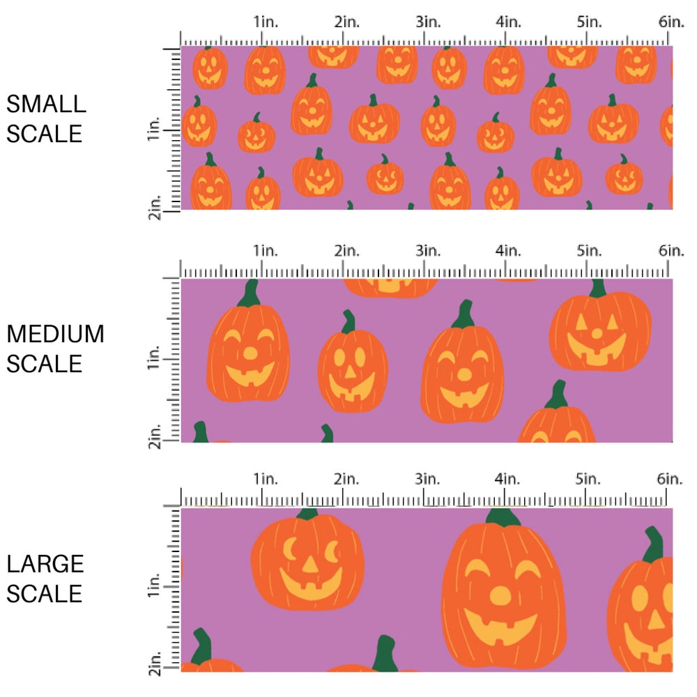 This scale chart of small scale, medium scale, and large scale of these Halloween themed pattern fabric by the yard features the following design elements: orange carved pumpkins. This fun spooky themed fabric can be used for all your sewing and crafting needs!