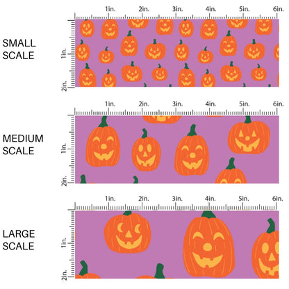 This scale chart of small scale, medium scale, and large scale of these Halloween themed pattern fabric by the yard features the following design elements: orange carved pumpkins. This fun spooky themed fabric can be used for all your sewing and crafting needs!