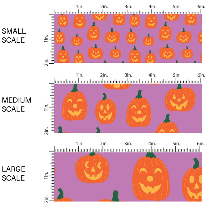 This scale chart of small scale, medium scale, and large scale of these Halloween themed pattern fabric by the yard features the following design elements: orange carved pumpkins. This fun spooky themed fabric can be used for all your sewing and crafting needs!