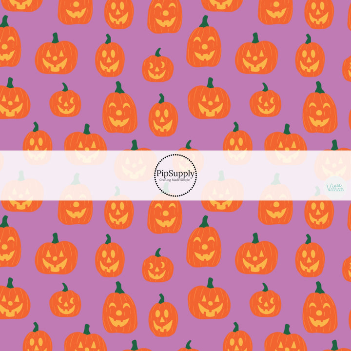 These Halloween themed pattern fabric by the yard features the following design elements: orange carved pumpkins. This fun spooky themed fabric can be used for all your sewing and crafting needs!