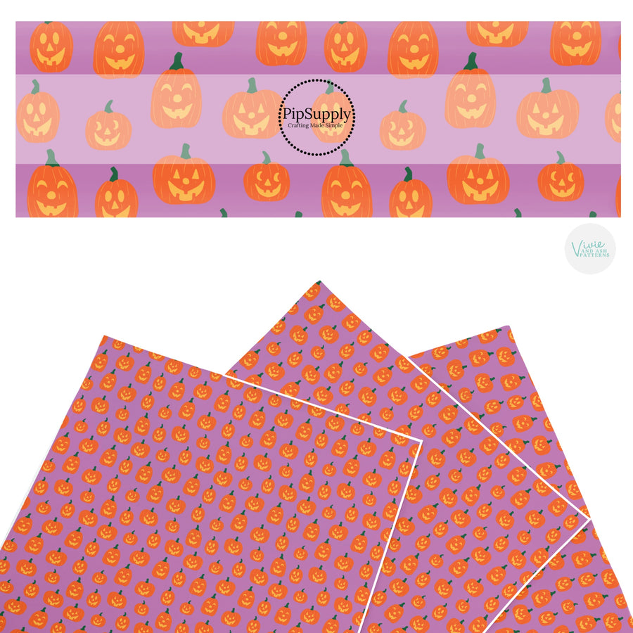 These Halloween themed pattern faux leather sheets contain the following design elements: orange carved pumpkins. Our CPSIA compliant faux leather sheets or rolls can be used for all types of crafting projects.