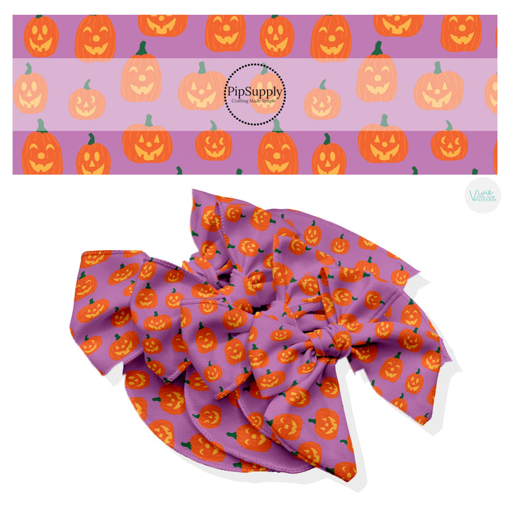 These Halloween themed no sew bow strips can be easily tied and attached to a clip for a finished hair bow. These fun floral patterned bow strips are great for personal use or to sell. These bow strips feature the following design elements: orange carved pumpkins.