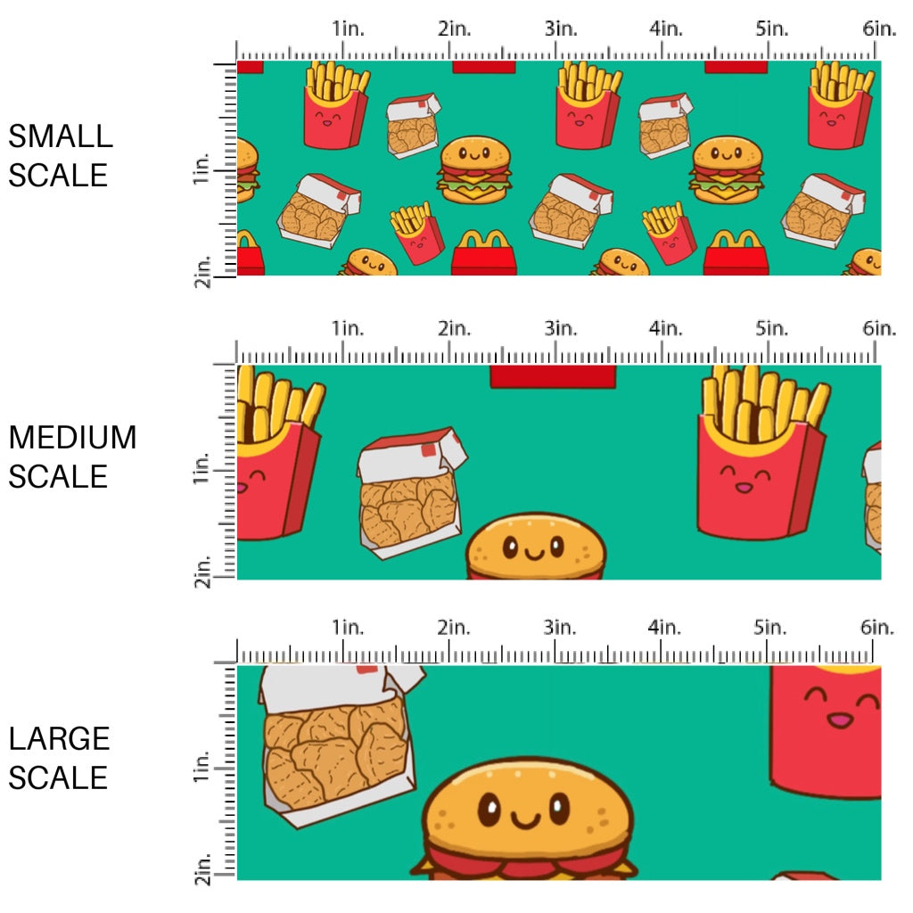 This scale chart of small scale, medium scale, and large scale of this food fabric by the yard features Happy Kids Meal. This fun themed fabric can be used for all your sewing and crafting needs!