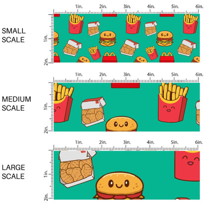 This scale chart of small scale, medium scale, and large scale of this food fabric by the yard features Happy Kids Meal. This fun themed fabric can be used for all your sewing and crafting needs!