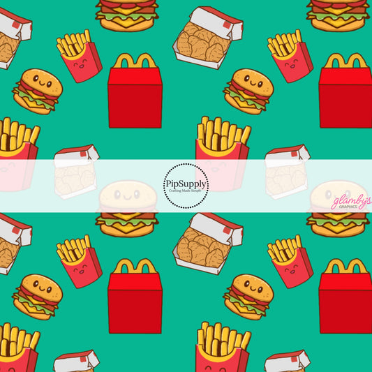 This food fabric by the yard features Happy Kids Meal. This fun themed fabric can be used for all your sewing and crafting needs!