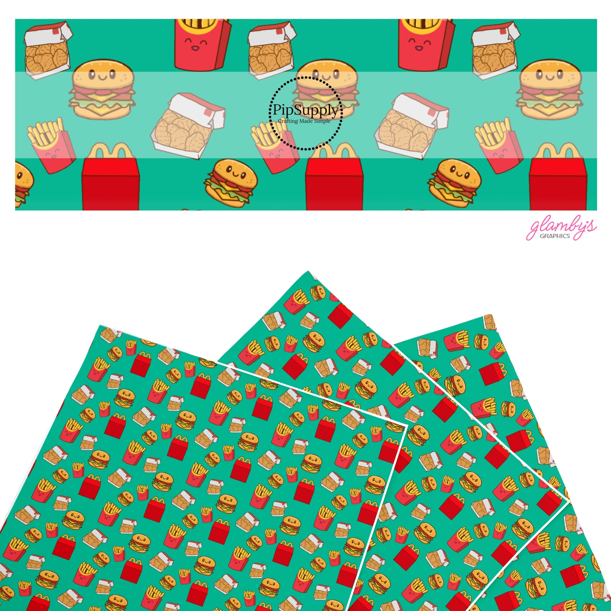 These food faux leather sheets contain the following design elements: Happy Kids Meal. Our CPSIA compliant faux leather sheets or rolls can be used for all types of crafting projects.