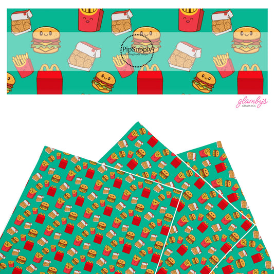 These food faux leather sheets contain the following design elements: Happy Kids Meal. Our CPSIA compliant faux leather sheets or rolls can be used for all types of crafting projects.