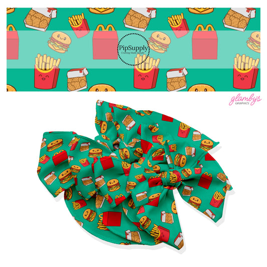 These food themed no sew bow strips can be easily tied and attached to a clip for a finished hair bow. These patterned bow strips are great for personal use or to sell. These bow strips feature Happy Kids Meals.