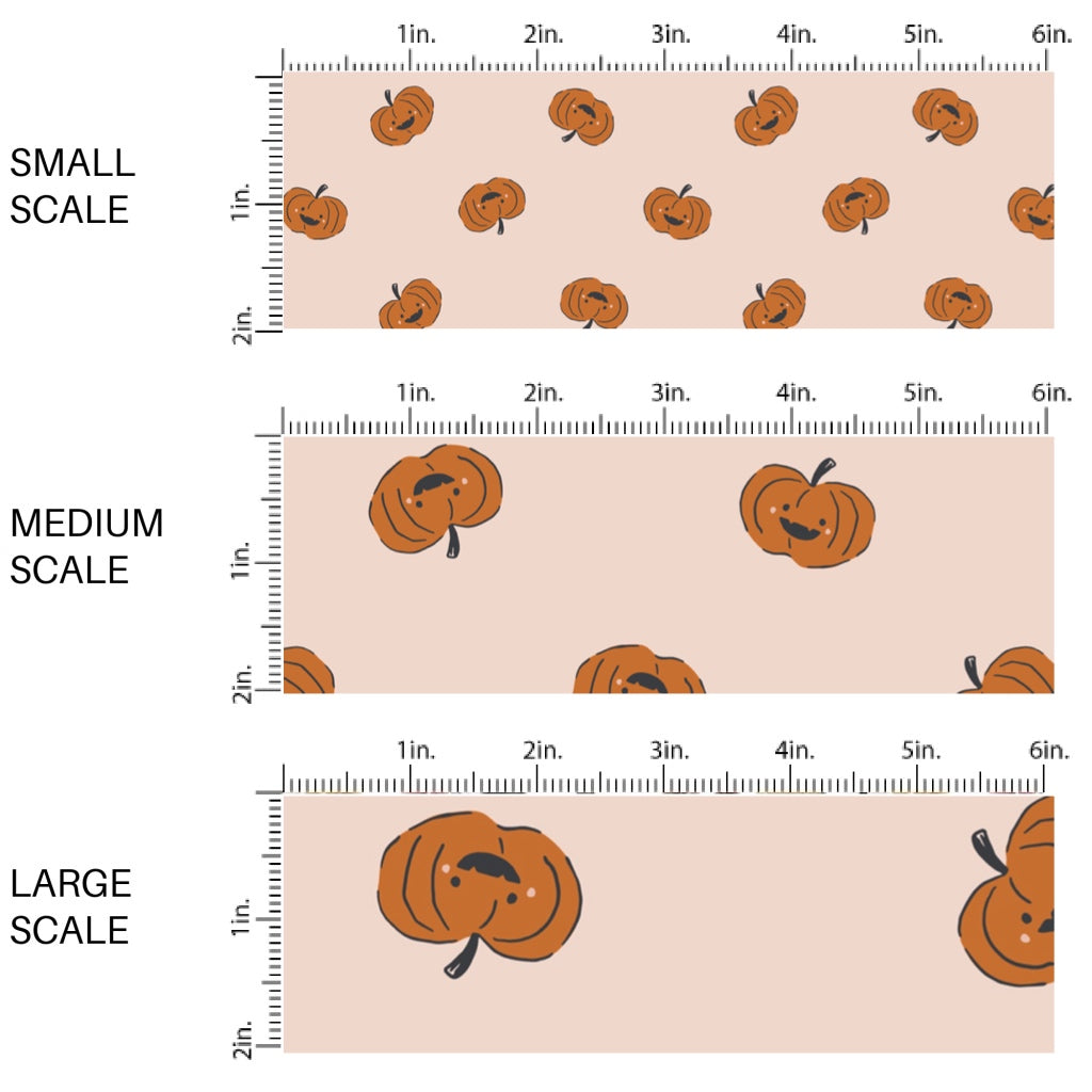 This scale chart of small scale, medium scale, and large scale of these Halloween themed pattern fabric by the yard features the following design elements: orange pumpkins on light pink. This fun spooky themed fabric can be used for all your sewing and crafting needs!