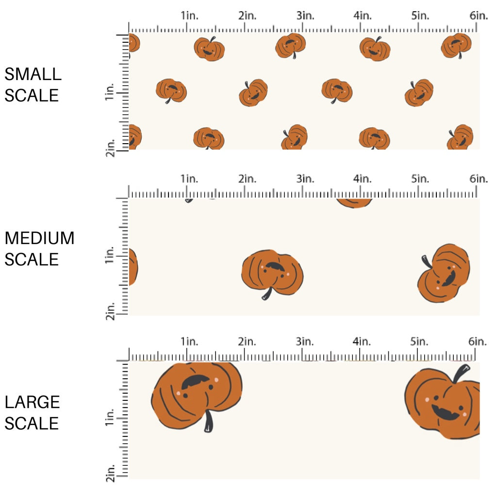 This scale chart of small scale, medium scale, and large scale of these Halloween themed pattern fabric by the yard features the following design elements: orange pumpkins on cream. This fun spooky themed fabric can be used for all your sewing and crafting needs!