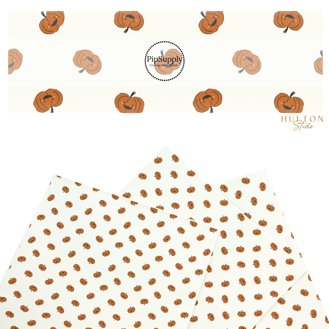 These Halloween themed pattern faux leather sheets contain the following design elements: orange pumpkins on cream. Our CPSIA compliant faux leather sheets or rolls can be used for all types of crafting projects.